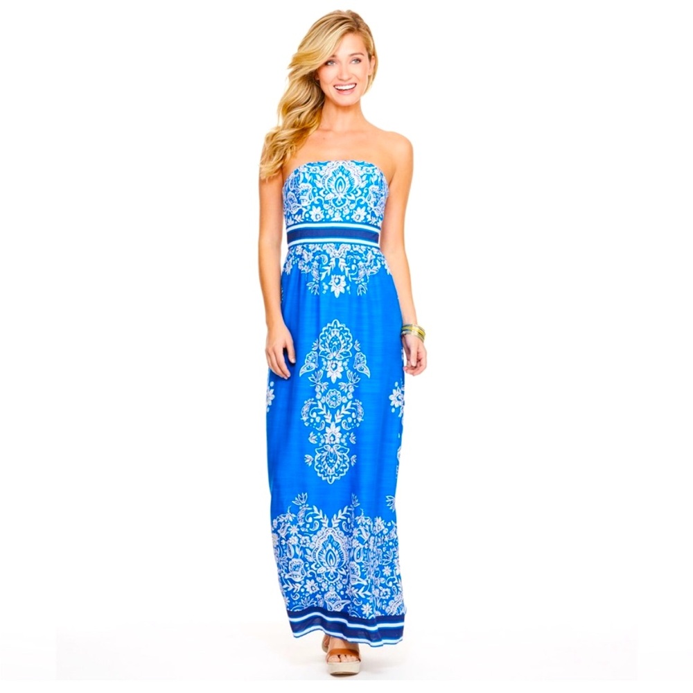 VINEYARD VINES Blue and White Strapless Maxi Dress